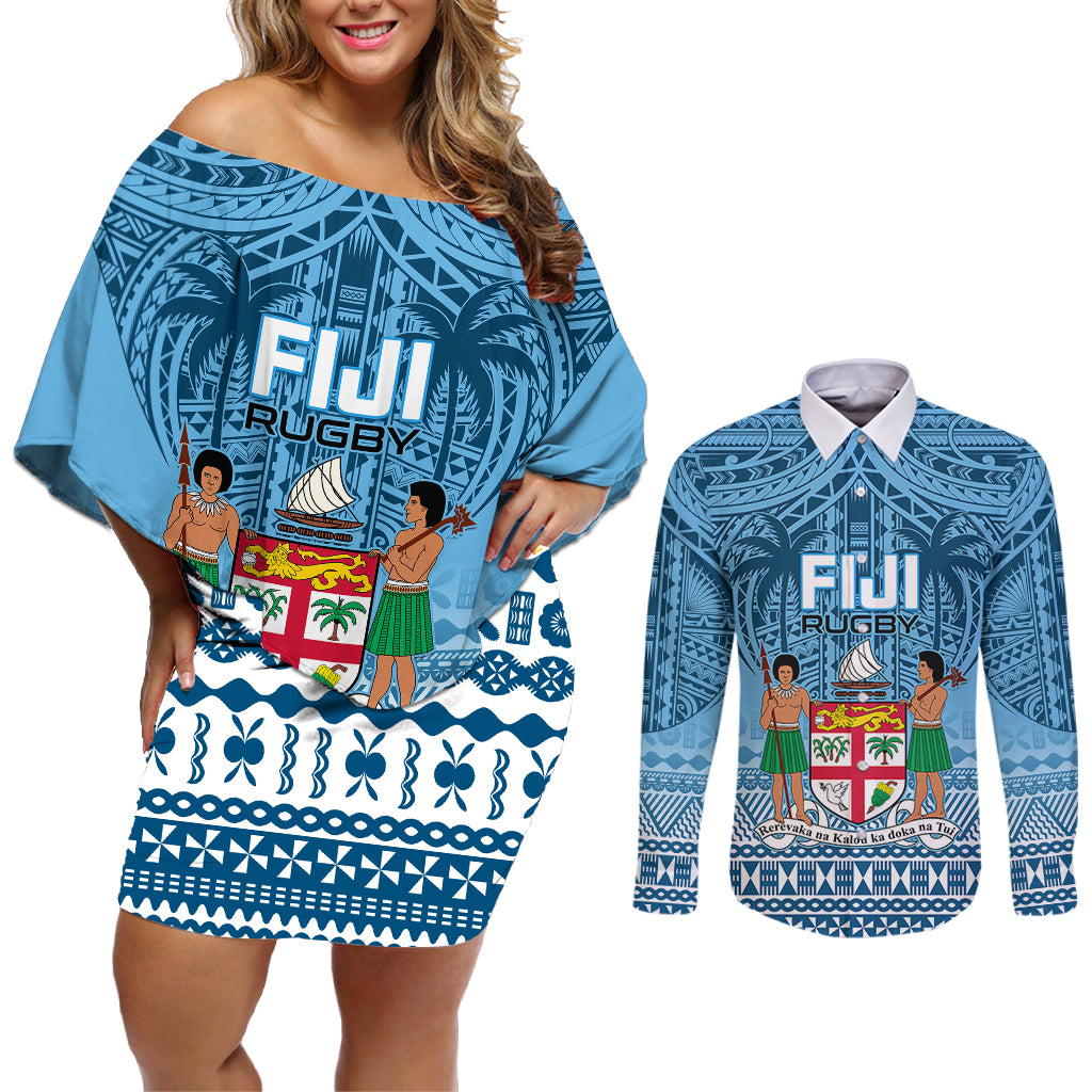 Custom Fiji Rugby Couples Matching Off Shoulder Short Dress and Long Sleeve Button Shirts Fijian Go 2023 World Cup - Wonder Print Shop