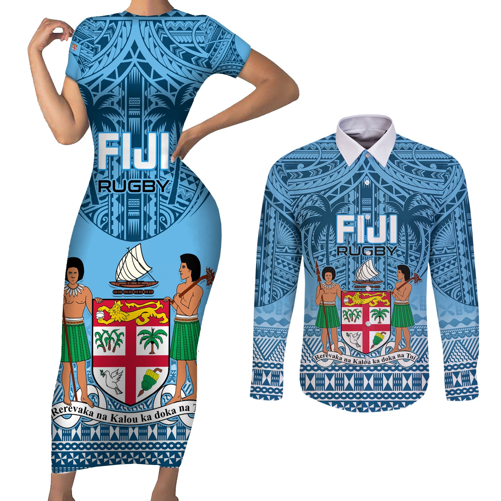 Custom Fiji Rugby Couples Matching Short Sleeve Bodycon Dress and Long Sleeve Button Shirts Fijian Go 2023 World Cup - Wonder Print Shop