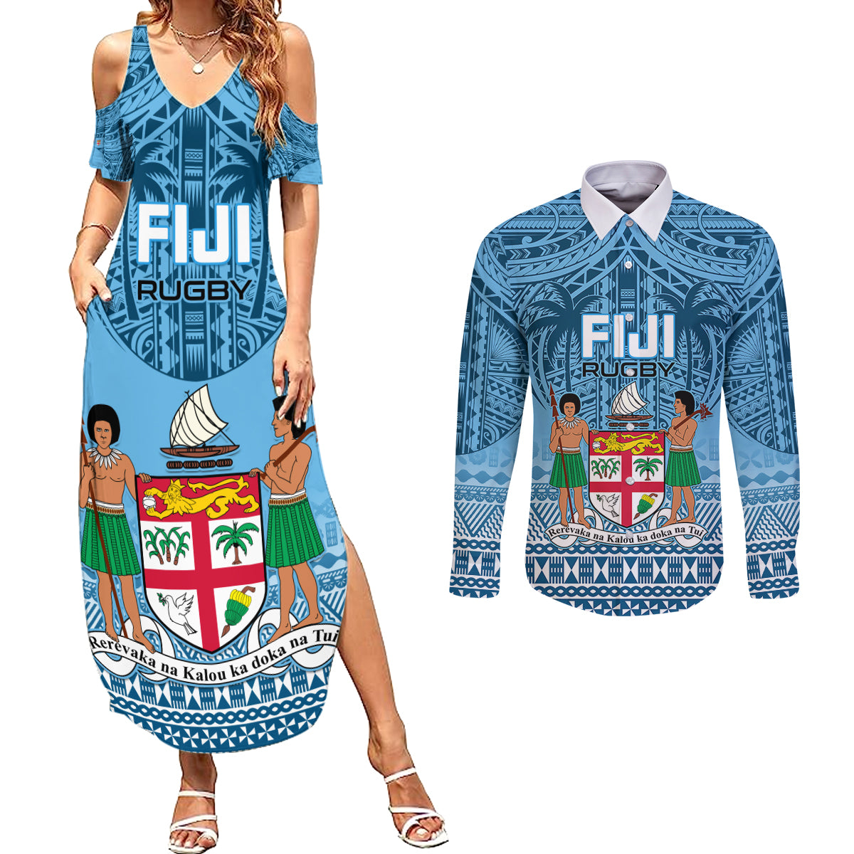 Custom Fiji Rugby Couples Matching Summer Maxi Dress and Long Sleeve Button Shirts Fijian Go 2023 World Cup - Wonder Print Shop