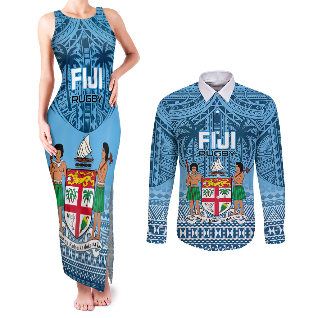 Custom Fiji Rugby Couples Matching Tank Maxi Dress and Long Sleeve Button Shirts Fijian Go 2023 World Cup - Wonder Print Shop