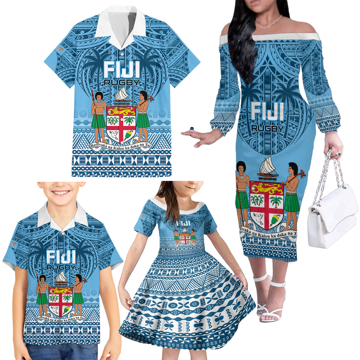 Custom Fiji Rugby Family Matching Off Shoulder Long Sleeve Dress and Hawaiian Shirt Fijian Go 2023 World Cup - Wonder Print Shop