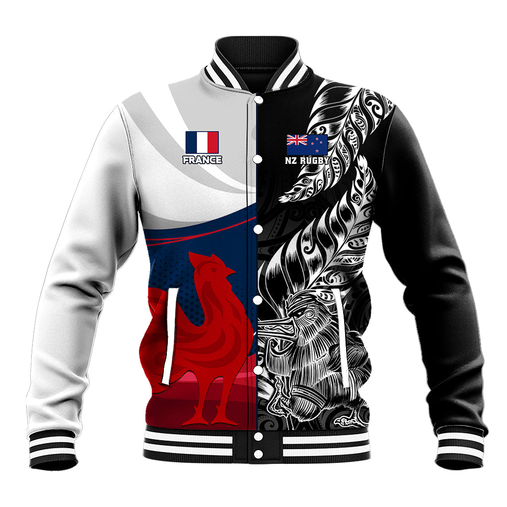 Black and white baseball jacket with button front, ribbed cuffs, France and NZ Rugby graphics