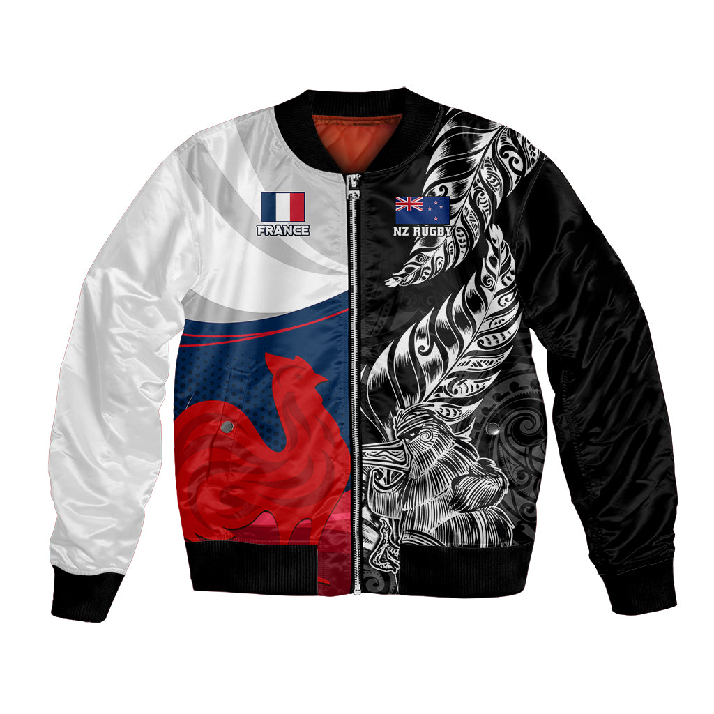 Two-tone bomber jacket, front zip, black ribbed trim with France and NZ rugby graphics