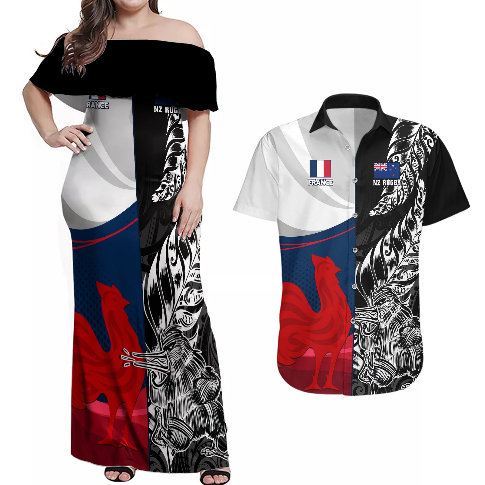 Custom New Zealand And France Rugby Couples Matching Off Shoulder Maxi Dress and Hawaiian Shirt XV de France Kiwi Silver Fern 2023 World Cup - Wonder Print Shop