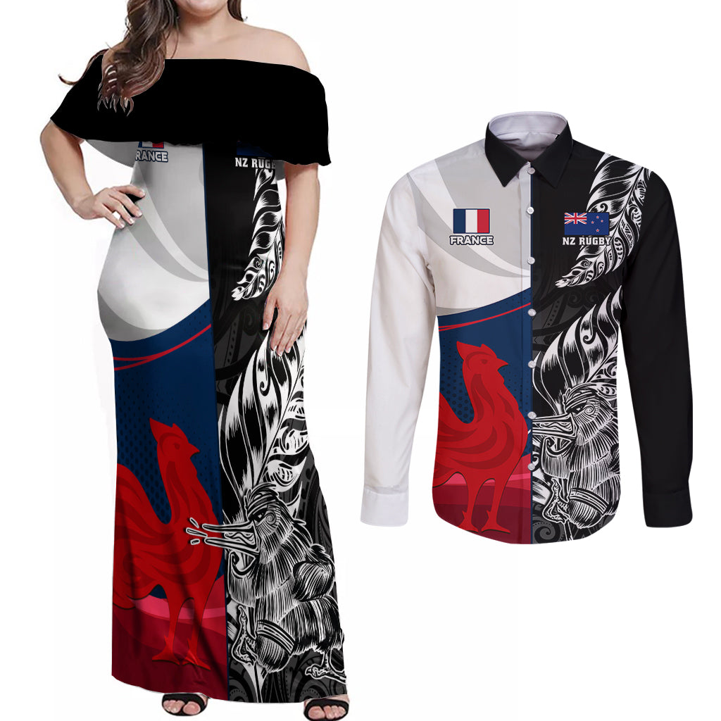 Custom New Zealand And France Rugby Couples Matching Off Shoulder Maxi Dress and Long Sleeve Button Shirts XV de France Kiwi Silver Fern 2023 World Cup - Wonder Print Shop