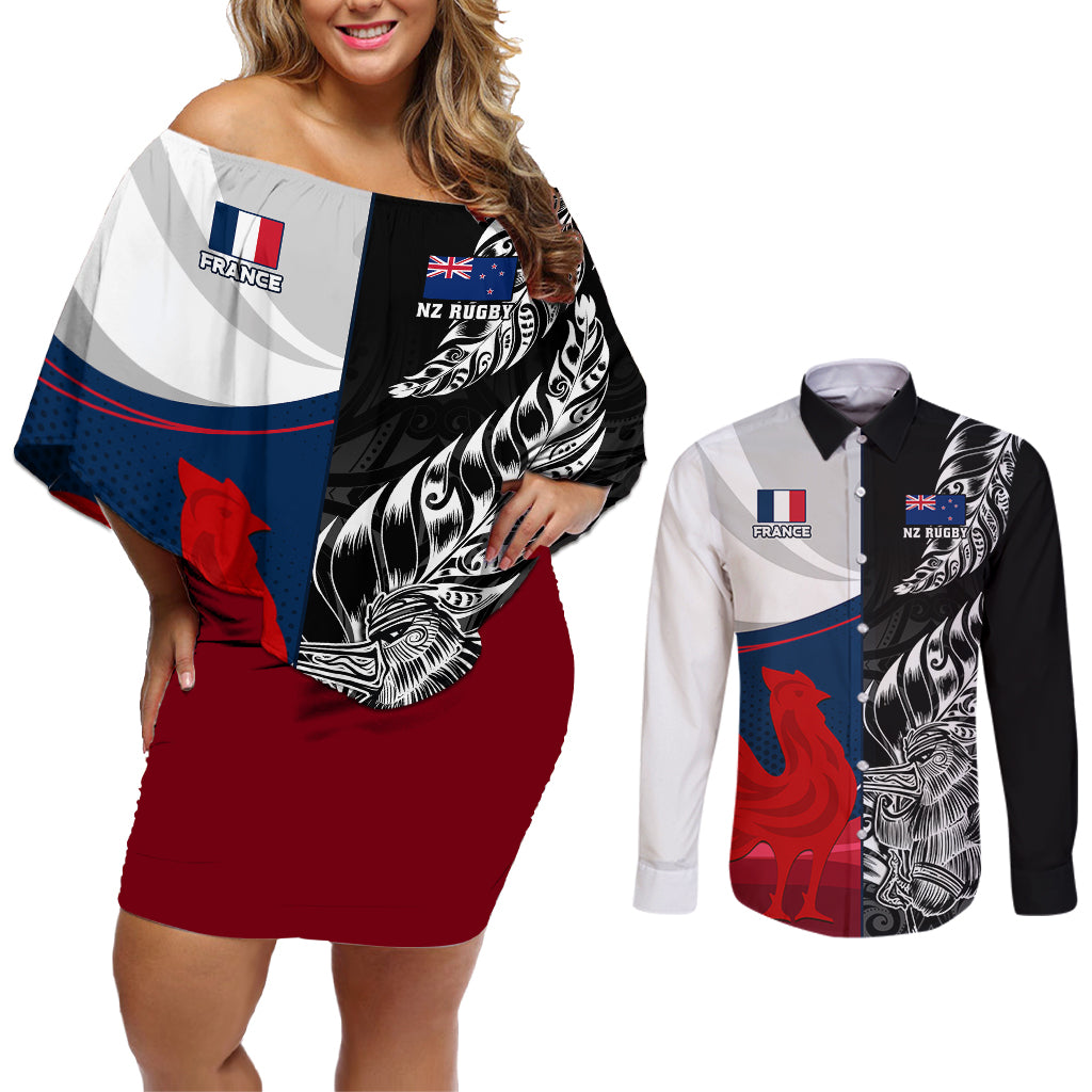 Custom New Zealand And France Rugby Couples Matching Off Shoulder Short Dress and Long Sleeve Button Shirts XV de France Kiwi Silver Fern 2023 World Cup - Wonder Print Shop