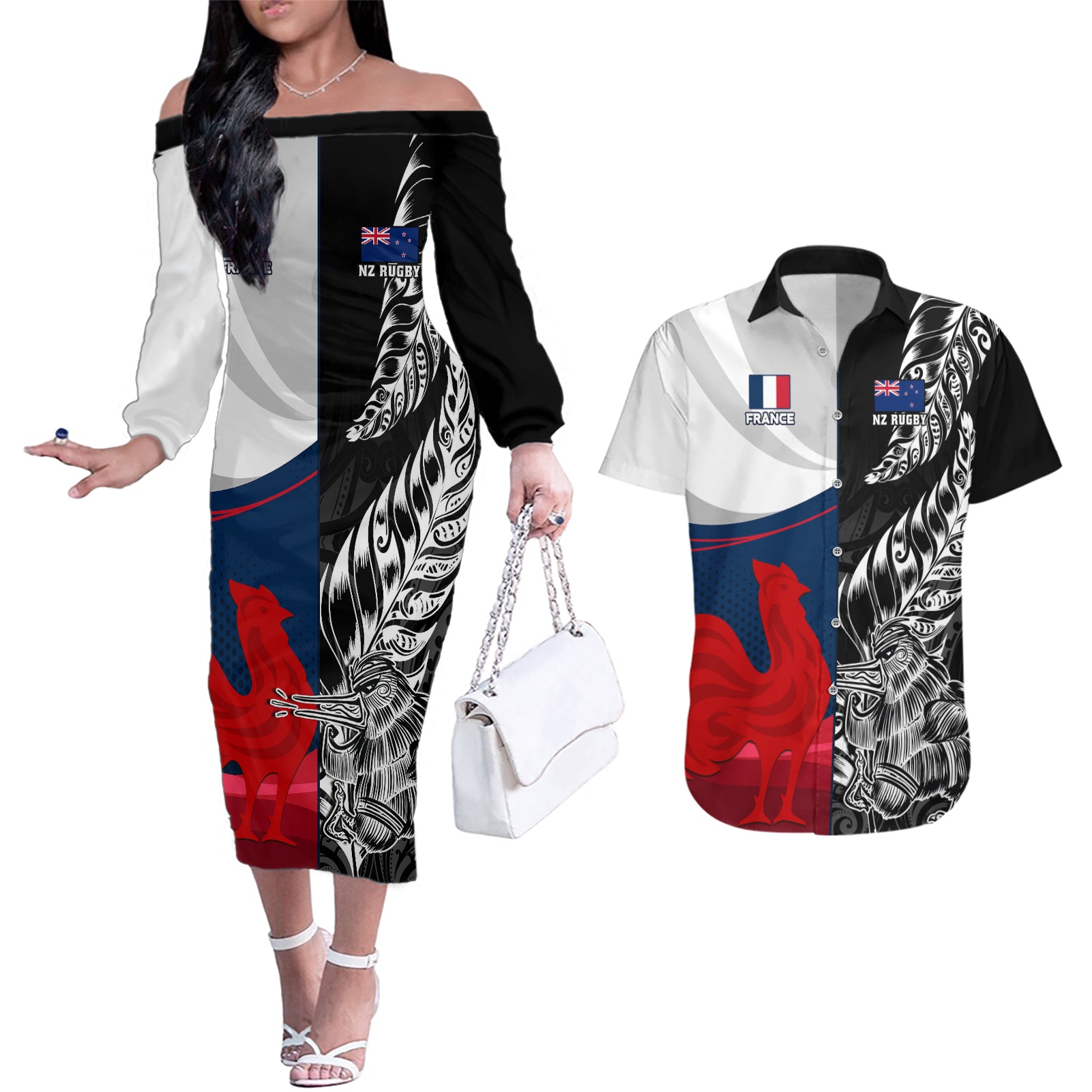 Custom New Zealand And France Rugby Couples Matching Off The Shoulder Long Sleeve Dress and Hawaiian Shirt XV de France Kiwi Silver Fern 2023 World Cup - Wonder Print Shop