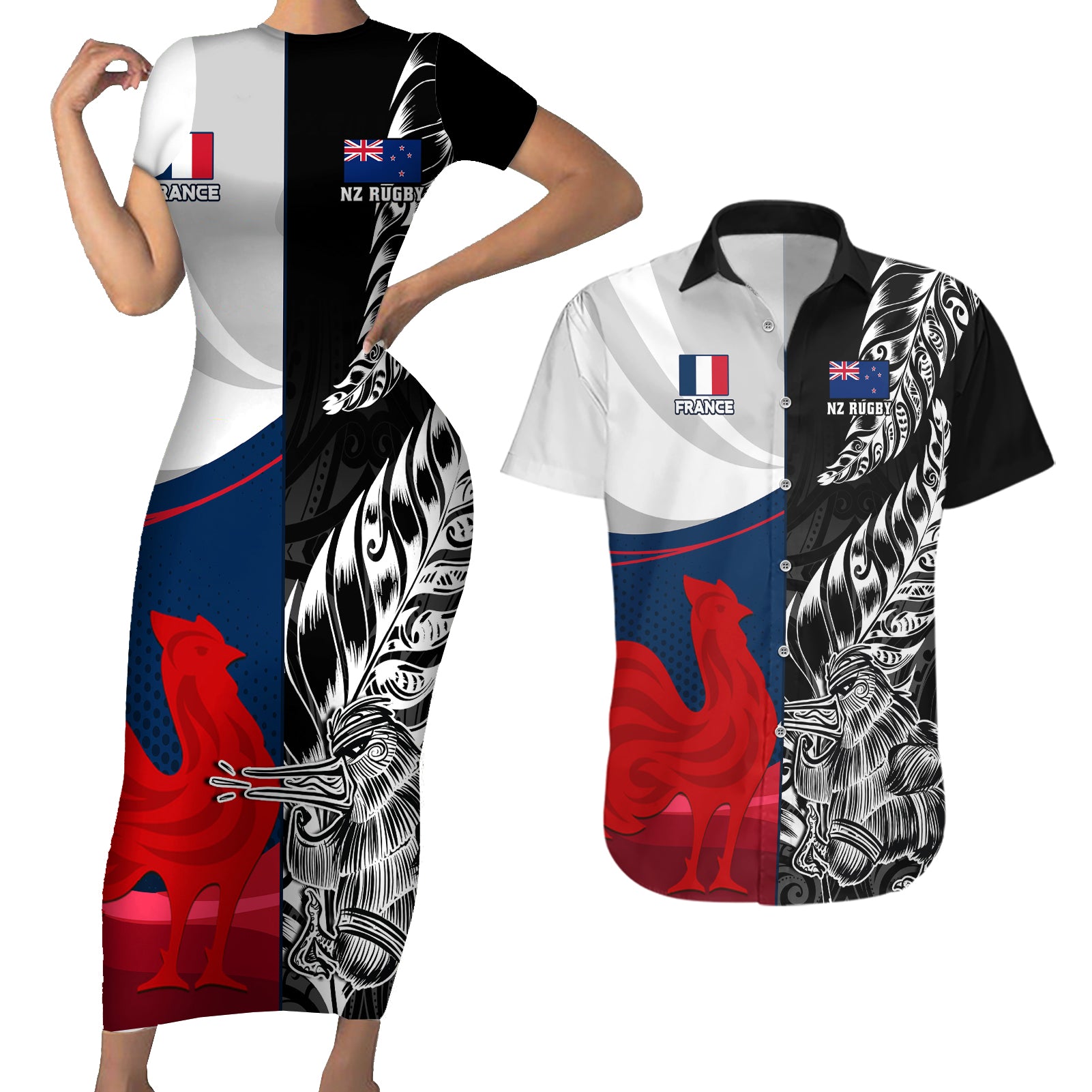 Custom New Zealand And France Rugby Couples Matching Short Sleeve Bodycon Dress and Hawaiian Shirt XV de France Kiwi Silver Fern 2023 World Cup - Wonder Print Shop