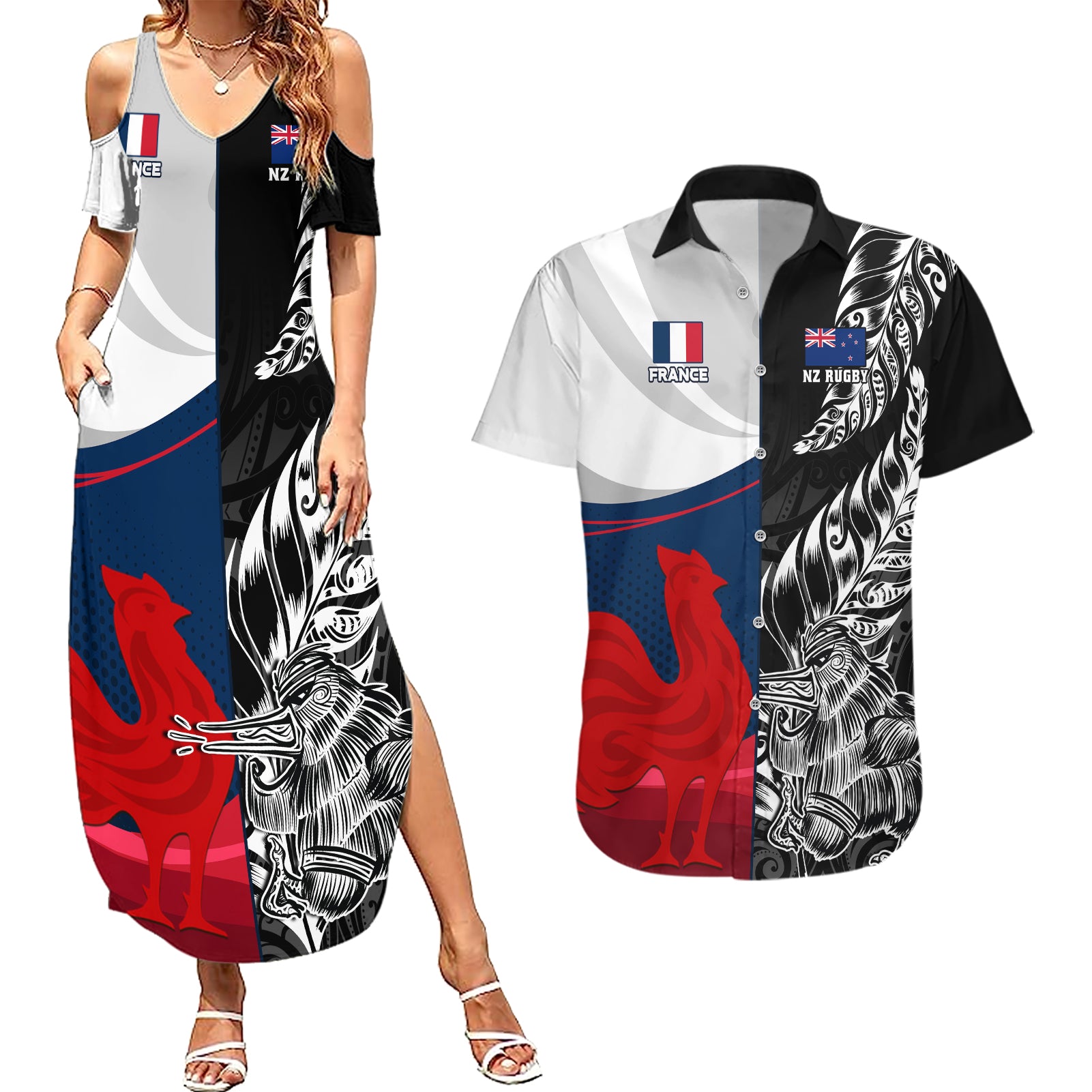 Custom New Zealand And France Rugby Couples Matching Summer Maxi Dress and Hawaiian Shirt XV de France Kiwi Silver Fern 2023 World Cup - Wonder Print Shop