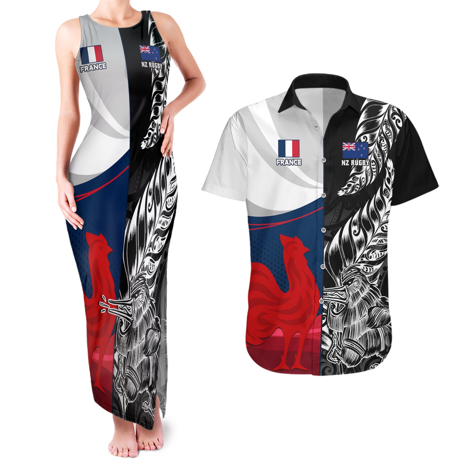 Custom New Zealand And France Rugby Couples Matching Tank Maxi Dress and Hawaiian Shirt XV de France Kiwi Silver Fern 2023 World Cup - Wonder Print Shop