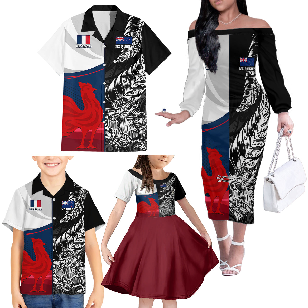 Custom New Zealand And France Rugby Family Matching Off Shoulder Long Sleeve Dress and Hawaiian Shirt XV de France Kiwi Silver Fern 2023 World Cup - Wonder Print Shop