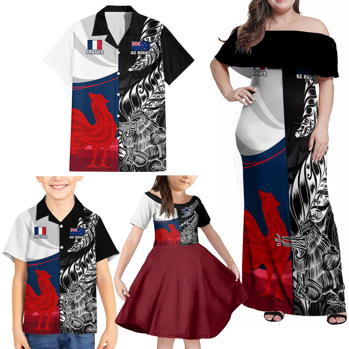 Custom New Zealand And France Rugby Family Matching Off Shoulder Maxi Dress and Hawaiian Shirt XV de France Kiwi Silver Fern 2023 World Cup - Wonder Print Shop