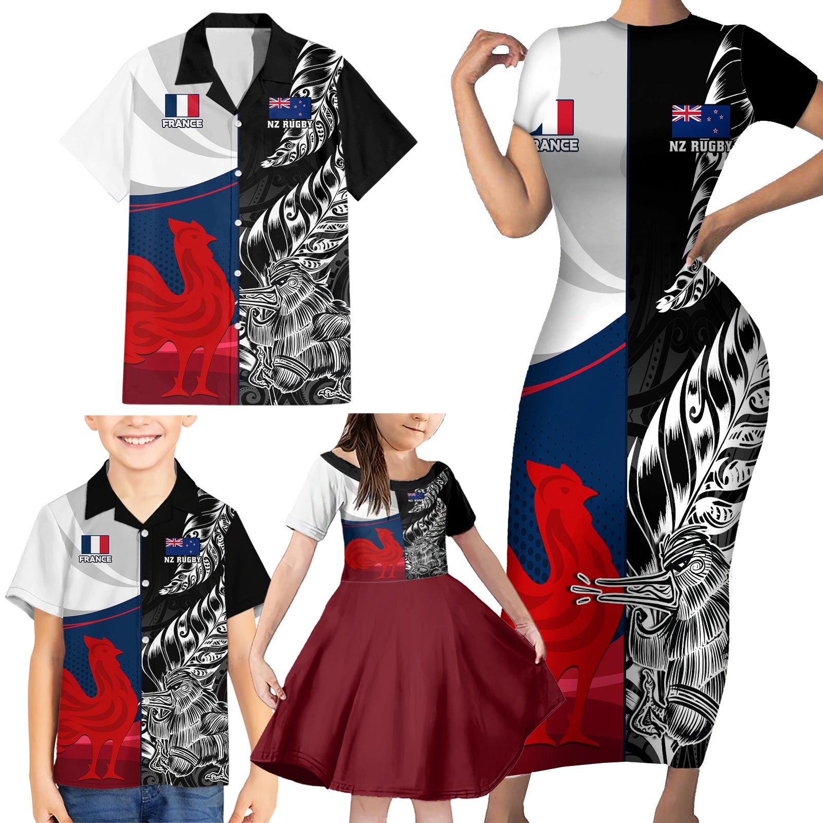 Custom New Zealand And France Rugby Family Matching Short Sleeve Bodycon Dress and Hawaiian Shirt XV de France Kiwi Silver Fern 2023 World Cup - Wonder Print Shop