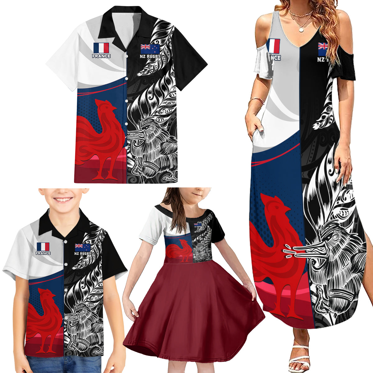 Custom New Zealand And France Rugby Family Matching Summer Maxi Dress and Hawaiian Shirt XV de France Kiwi Silver Fern 2023 World Cup - Wonder Print Shop