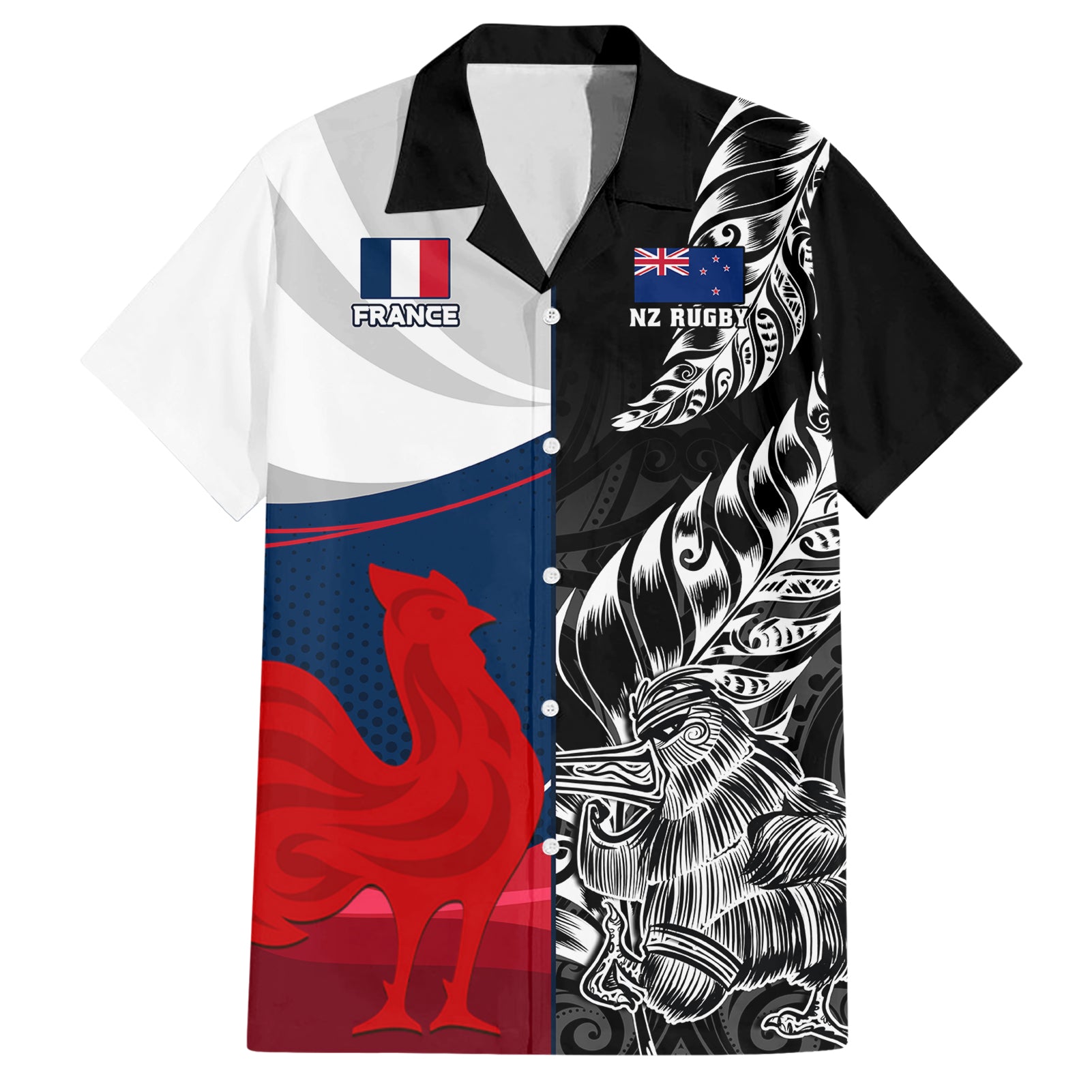 Custom New Zealand And France Rugby Hawaiian Shirt XV de France Kiwi Silver Fern 2023 World Cup - Wonder Print Shop