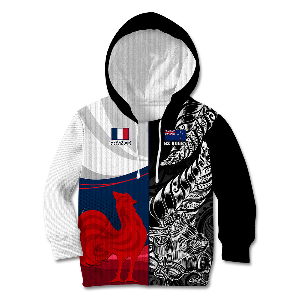 Custom New Zealand And France Rugby Kid Hoodie XV de France Kiwi Silver Fern 2023 World Cup - Wonder Print Shop