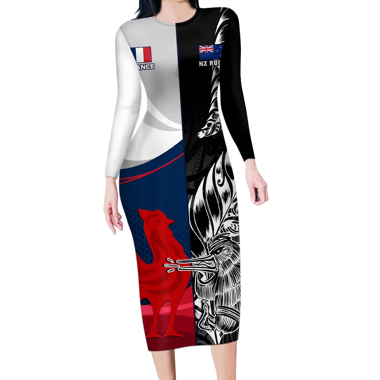 Custom New Zealand And France Rugby Long Sleeve Bodycon Dress XV de France Kiwi Silver Fern 2023 World Cup - Wonder Print Shop