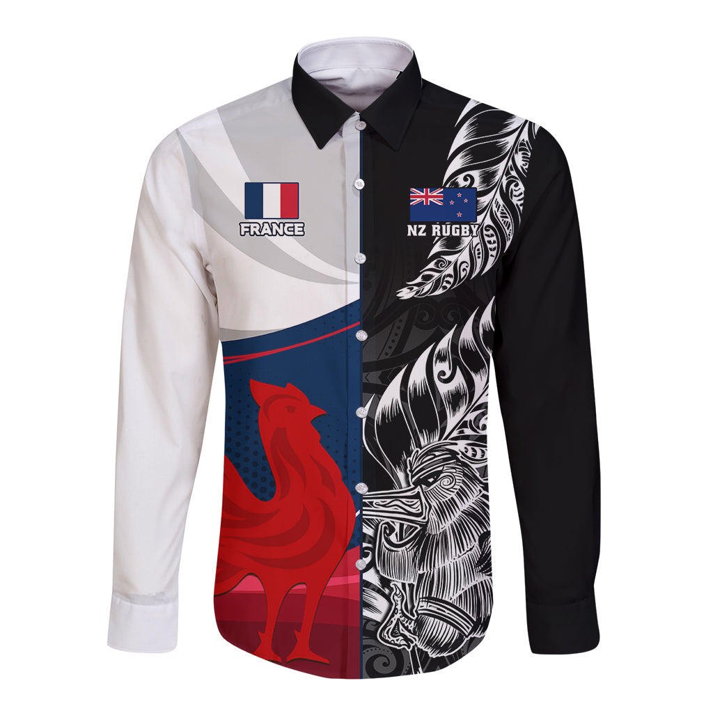Long-sleeve rugby button shirt, black/white panels, France/NZ logos, red rooster graphic