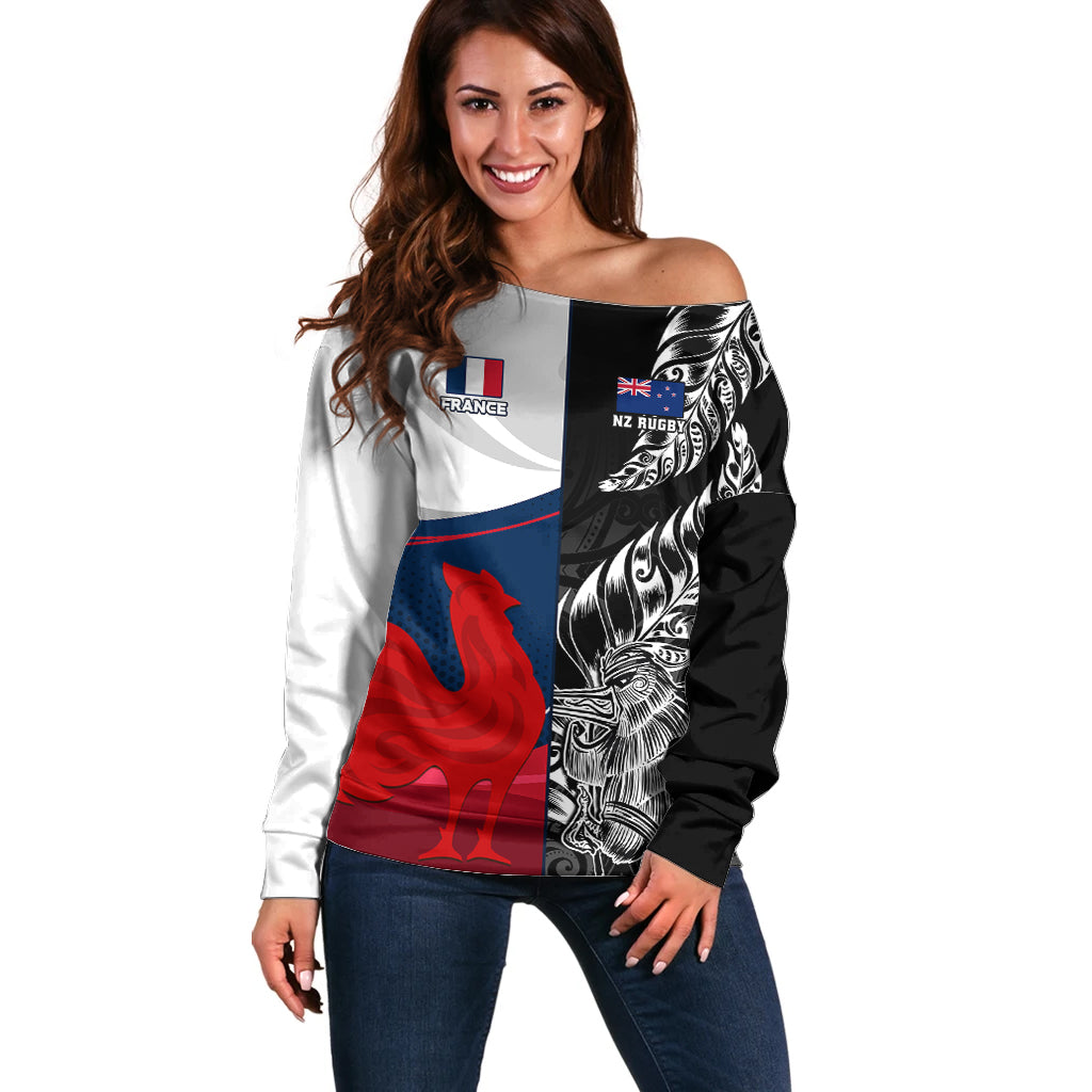 Custom New Zealand And France Rugby Off Shoulder Sweater XV de France Kiwi Silver Fern 2023 World Cup - Wonder Print Shop