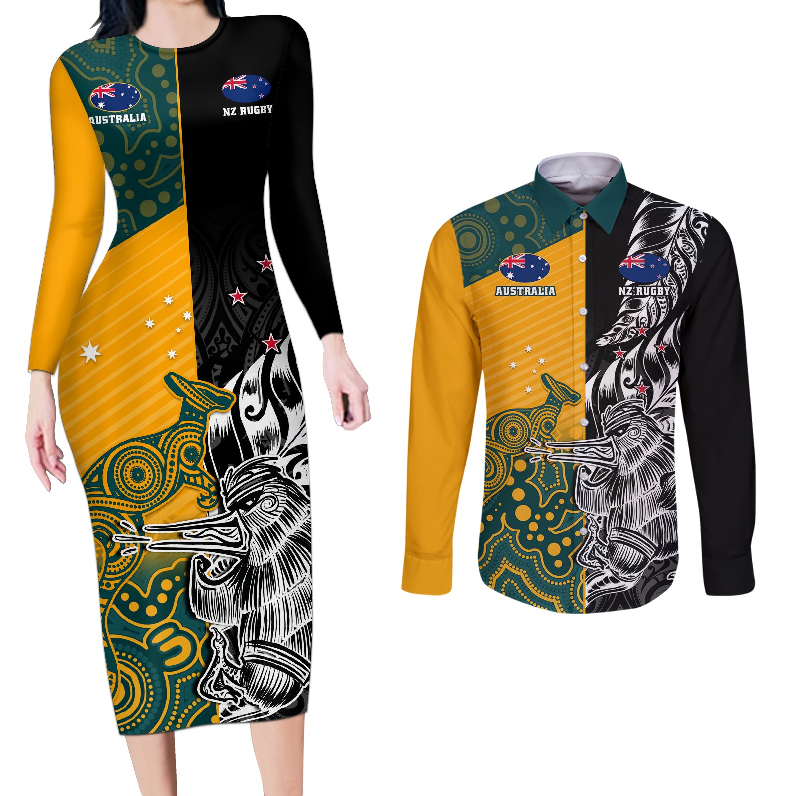 Custom New Zealand And Australia Rugby Couples Matching Long Sleeve Bodycon Dress and Long Sleeve Button Shirts Wallabies Kiwi Silver Fern 2023 World Cup - Wonder Print Shop