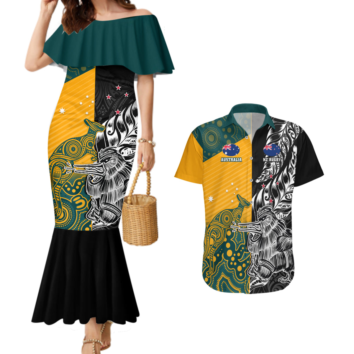 Custom New Zealand And Australia Rugby Couples Matching Mermaid Dress and Hawaiian Shirt Wallabies Kiwi Silver Fern 2023 World Cup - Wonder Print Shop