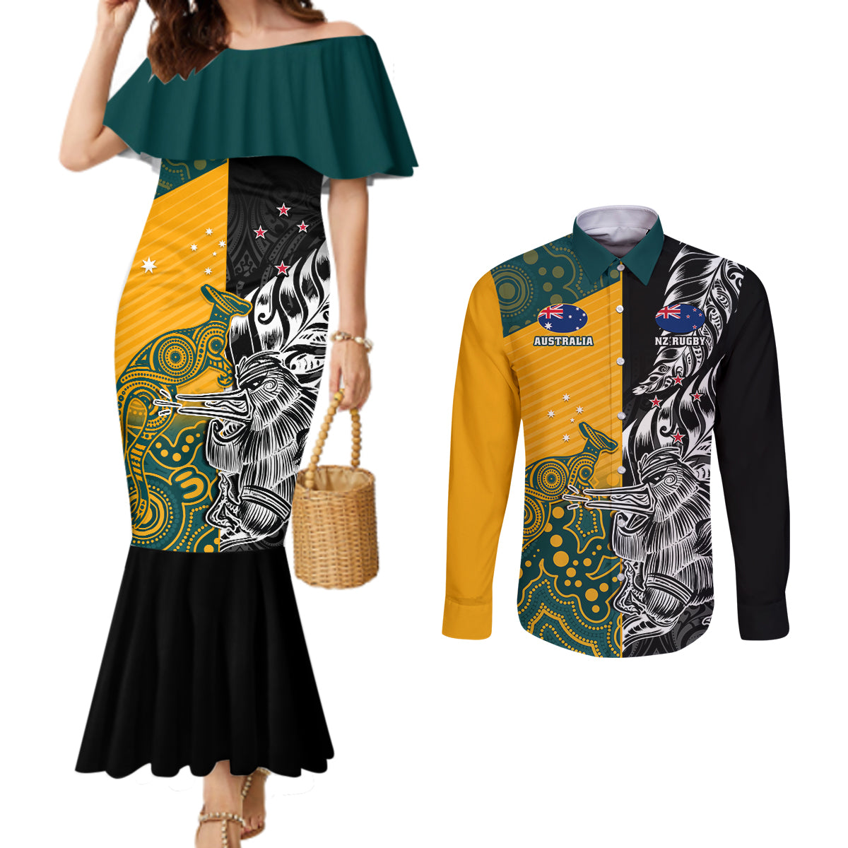 custom-new-zealand-and-ausrtralia-rugby-couples-matching-mermaid-dress-and-long-sleeve-button-shirts-wallabies-kiwi-silver-fern-2023-world-cup