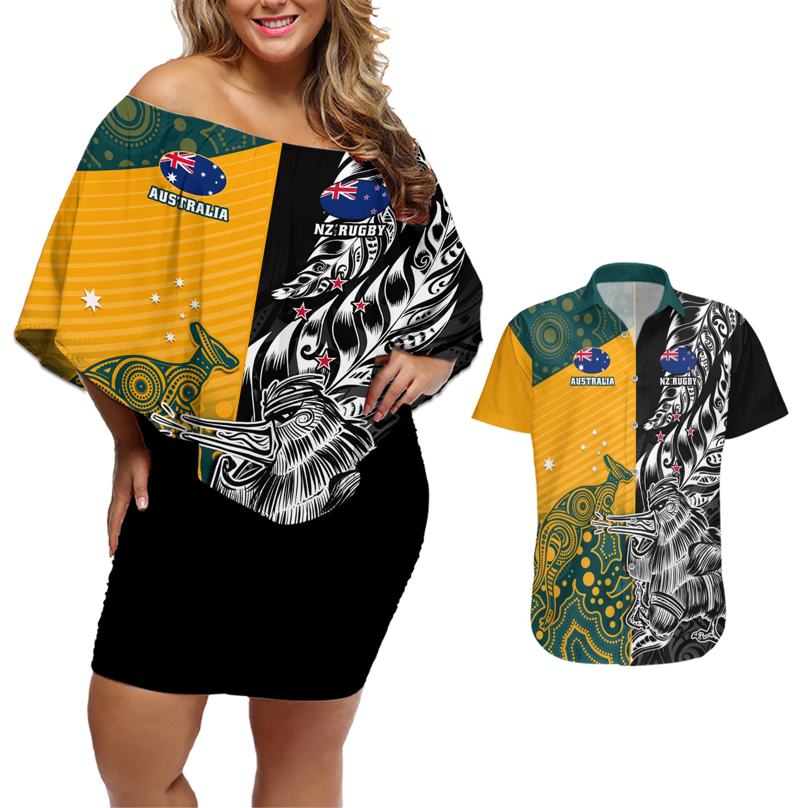 Custom New Zealand And Australia Rugby Couples Matching Off Shoulder Short Dress and Hawaiian Shirt Wallabies Kiwi Silver Fern 2023 World Cup - Wonder Print Shop