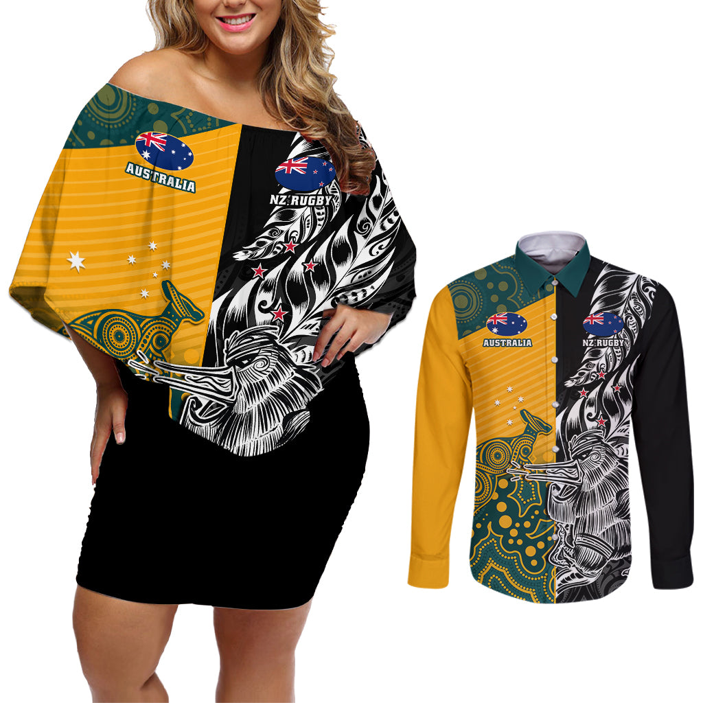 Custom New Zealand And Australia Rugby Couples Matching Off Shoulder Short Dress and Long Sleeve Button Shirts Wallabies Kiwi Silver Fern 2023 World Cup - Wonder Print Shop