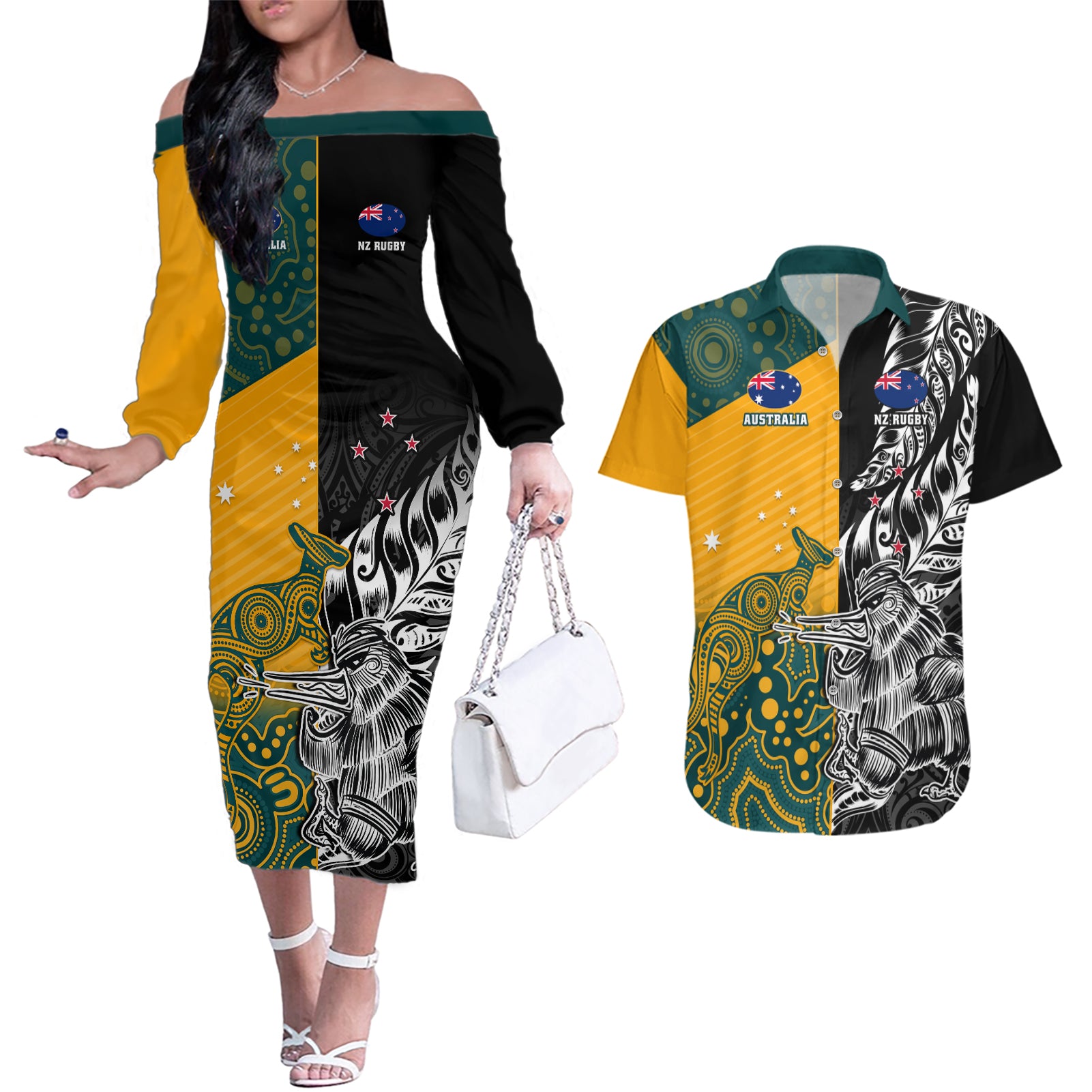 Custom New Zealand And Australia Rugby Couples Matching Off The Shoulder Long Sleeve Dress and Hawaiian Shirt Wallabies Kiwi Silver Fern 2023 World Cup - Wonder Print Shop