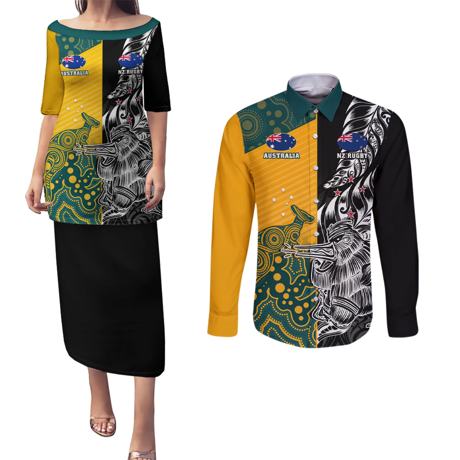 Custom New Zealand And Australia Rugby Couples Matching Puletasi Dress and Long Sleeve Button Shirts Wallabies Kiwi Silver Fern 2023 World Cup - Wonder Print Shop