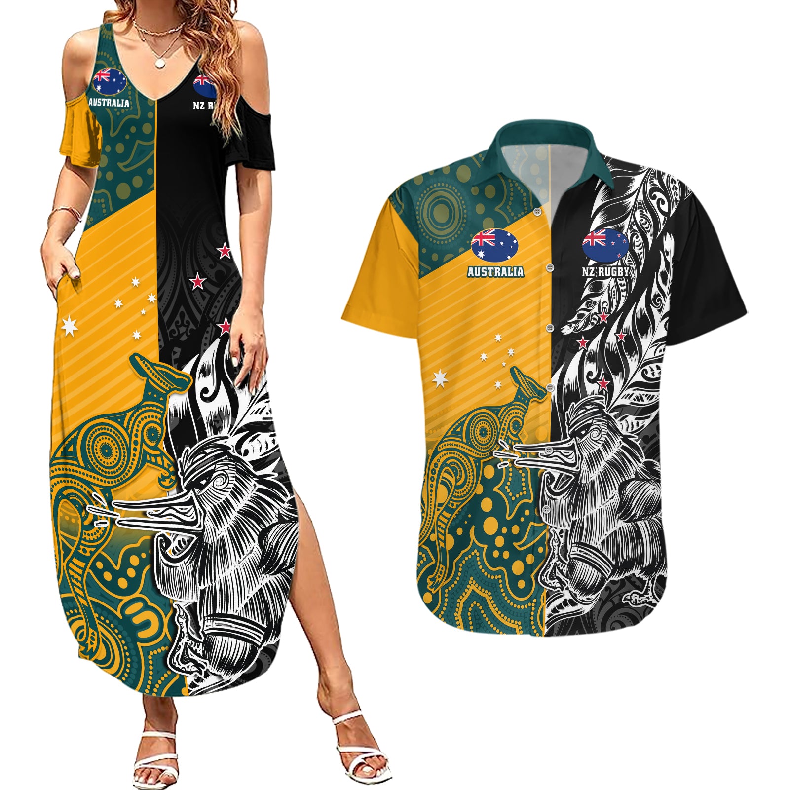 Custom New Zealand And Australia Rugby Couples Matching Summer Maxi Dress and Hawaiian Shirt Wallabies Kiwi Silver Fern 2023 World Cup - Wonder Print Shop