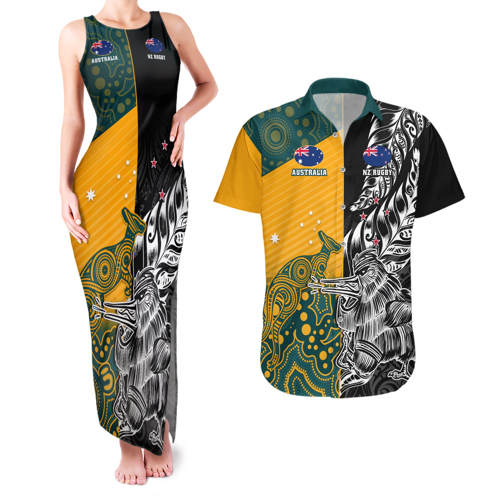 Custom New Zealand And Australia Rugby Couples Matching Tank Maxi Dress and Hawaiian Shirt Wallabies Kiwi Silver Fern 2023 World Cup - Wonder Print Shop