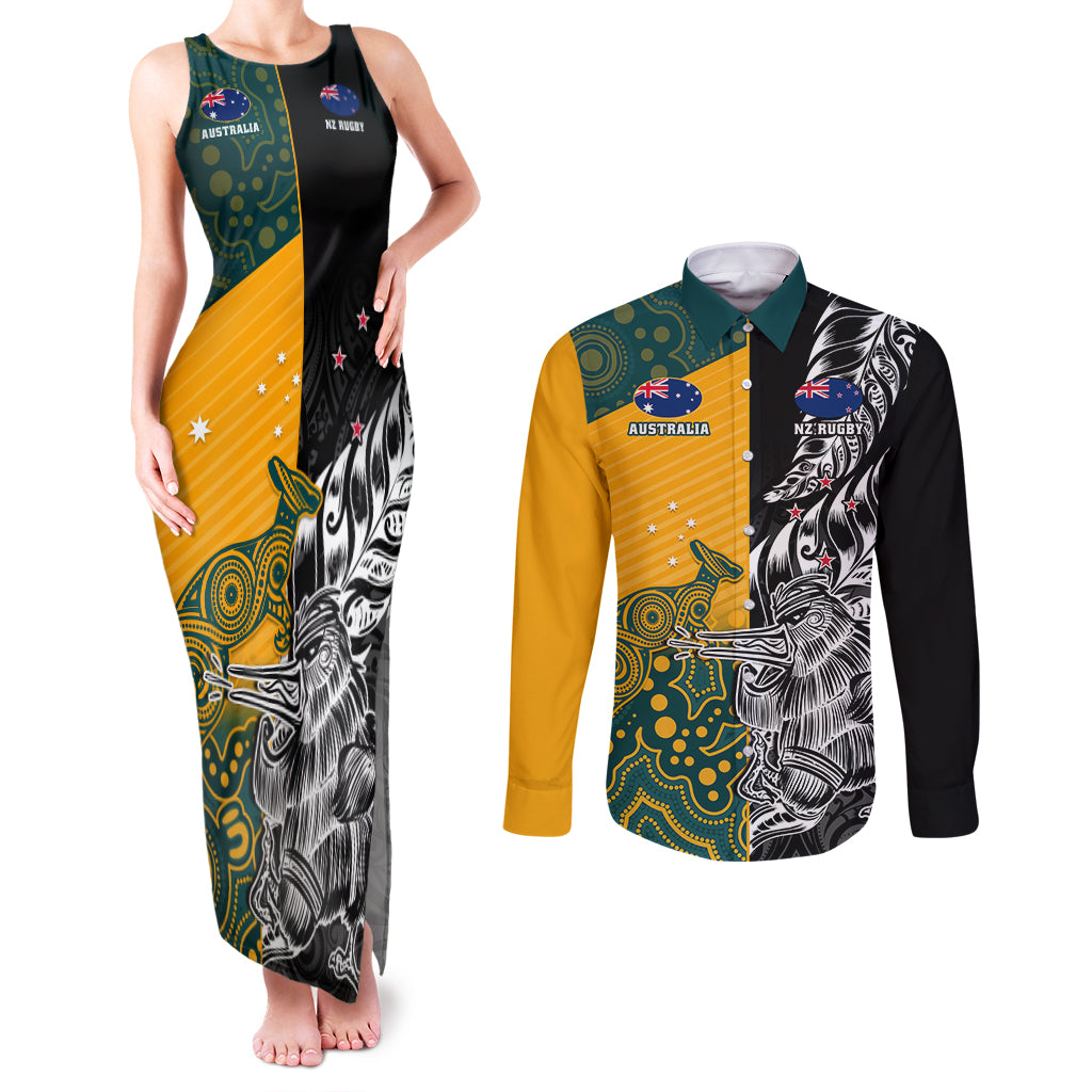 Custom New Zealand And Australia Rugby Couples Matching Tank Maxi Dress and Long Sleeve Button Shirts Wallabies Kiwi Silver Fern 2023 World Cup - Wonder Print Shop