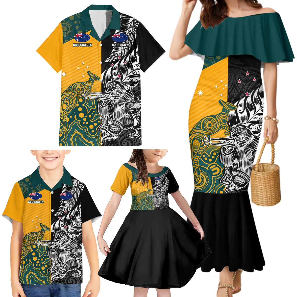 Custom New Zealand And Australia Rugby Family Matching Mermaid Dress and Hawaiian Shirt Wallabies Kiwi Silver Fern 2023 World Cup - Wonder Print Shop