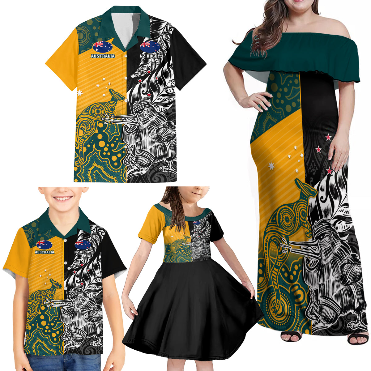 Custom New Zealand And Australia Rugby Family Matching Off Shoulder Maxi Dress and Hawaiian Shirt Wallabies Kiwi Silver Fern 2023 World Cup - Wonder Print Shop