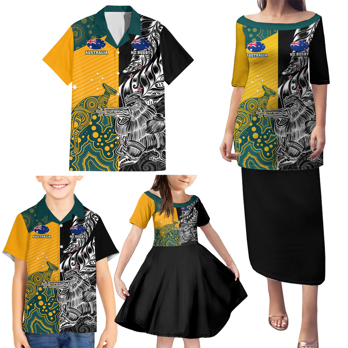 Custom New Zealand And Australia Rugby Family Matching Puletasi Dress and Hawaiian Shirt Wallabies Kiwi Silver Fern 2023 World Cup - Wonder Print Shop