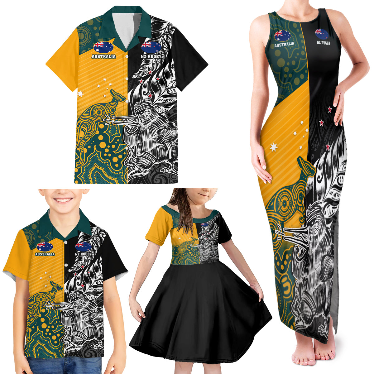 Custom New Zealand And Australia Rugby Family Matching Tank Maxi Dress and Hawaiian Shirt Wallabies Kiwi Silver Fern 2023 World Cup - Wonder Print Shop