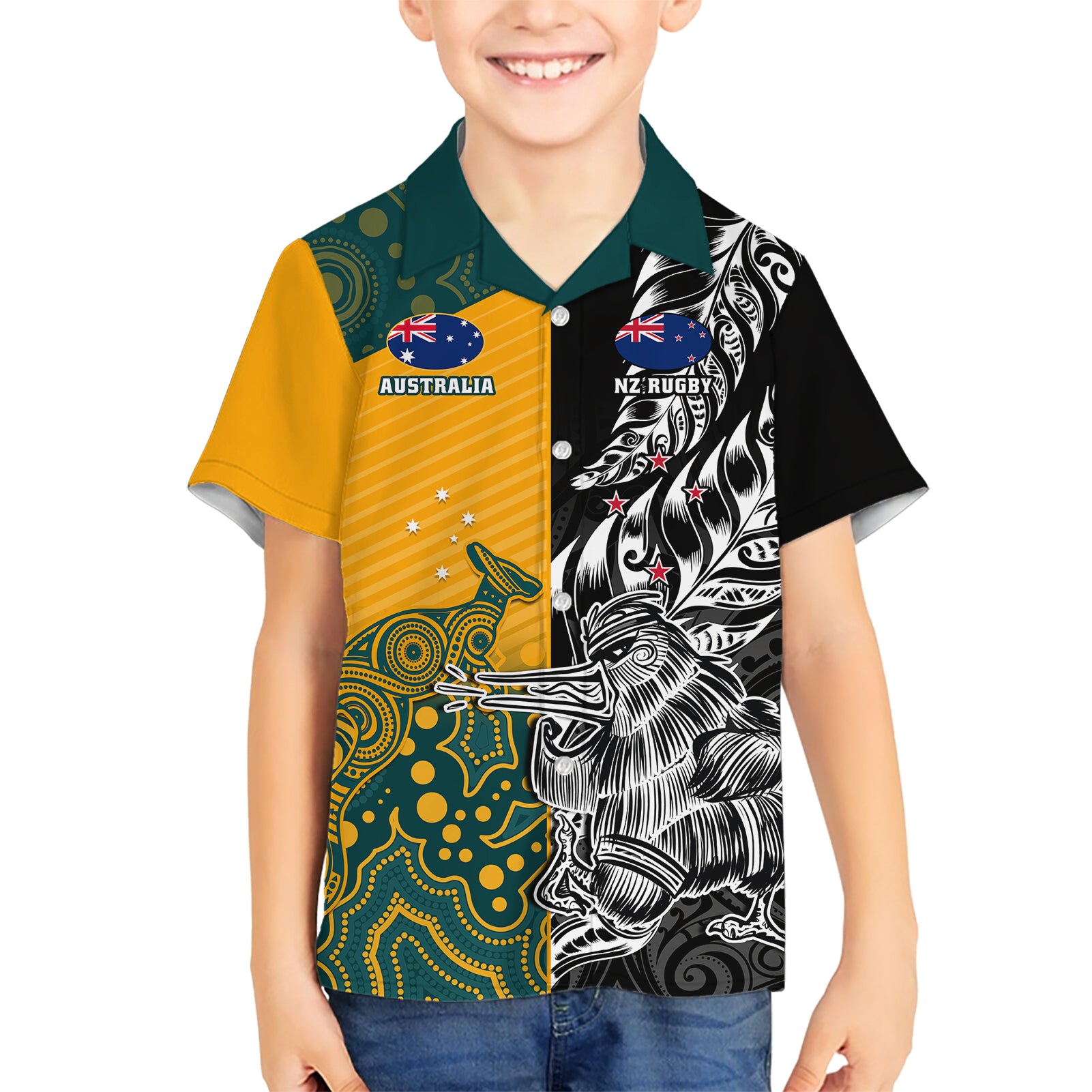 Custom New Zealand And Australia Rugby Kid Hawaiian Shirt Wallabies Kiwi Silver Fern 2023 World Cup - Wonder Print Shop