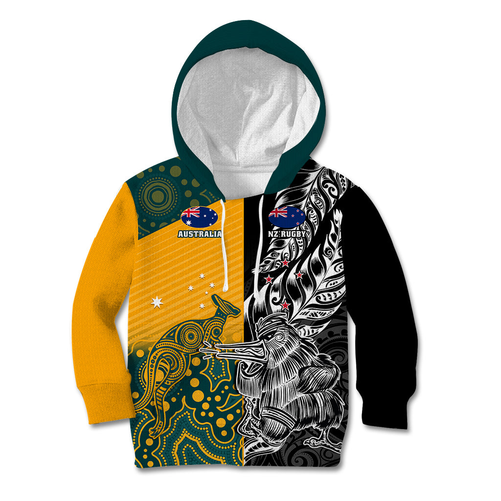 Custom New Zealand And Australia Rugby Kid Hoodie Wallabies Kiwi Silver Fern 2023 World Cup - Wonder Print Shop