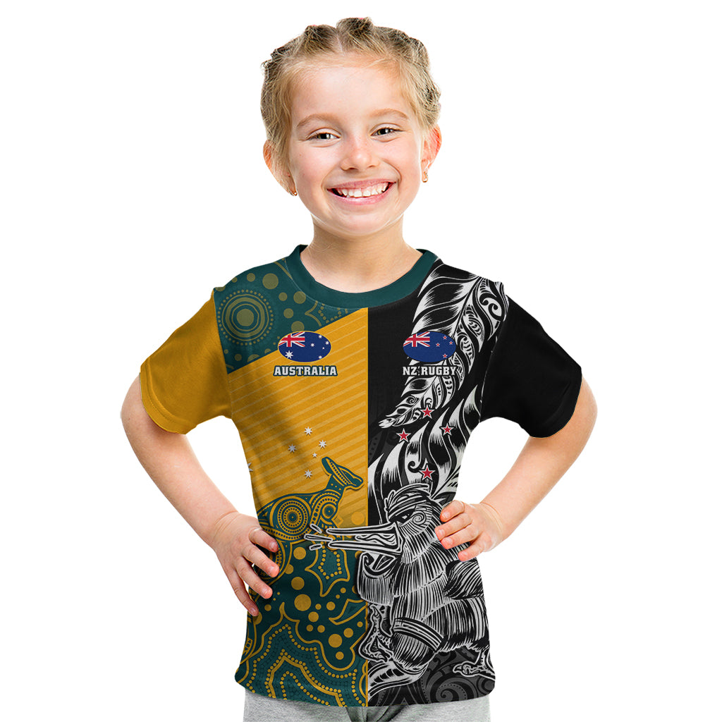 Custom New Zealand And Australia Rugby Kid T Shirt Wallabies Kiwi Silver Fern 2023 World Cup - Wonder Print Shop