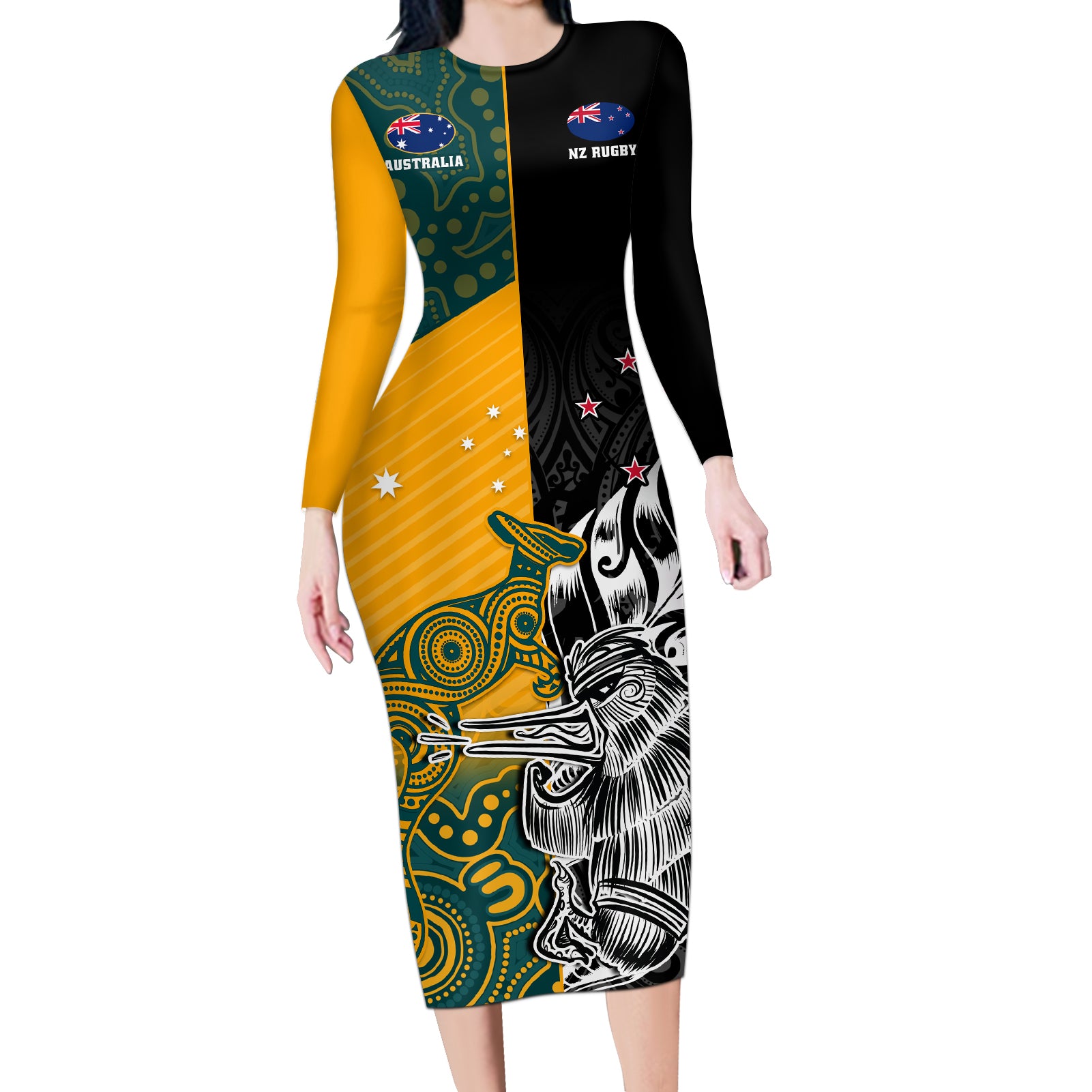 Custom New Zealand And Australia Rugby Long Sleeve Bodycon Dress Wallabies Kiwi Silver Fern 2023 World Cup - Wonder Print Shop