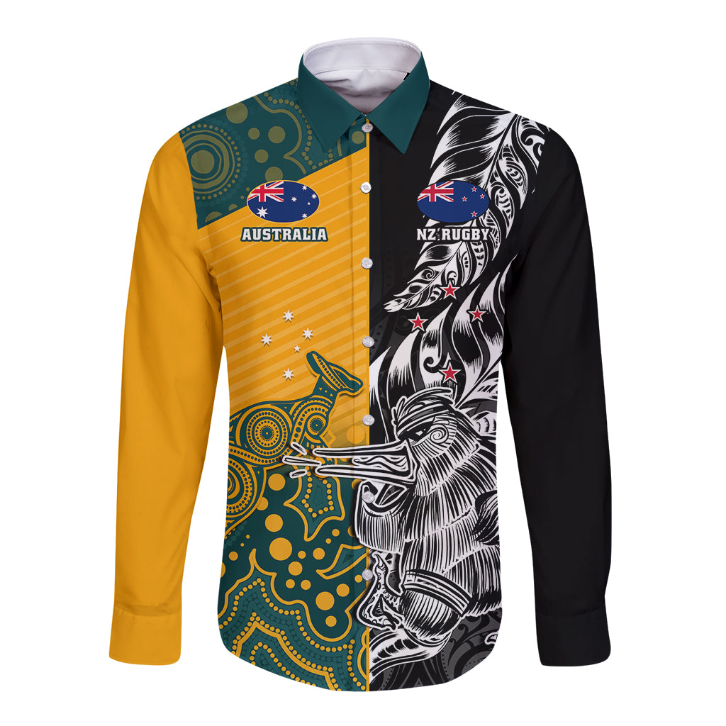 Custom New Zealand And Australia Rugby Long Sleeve Button Shirt Wallabies Kiwi Silver Fern 2023 World Cup - Wonder Print Shop