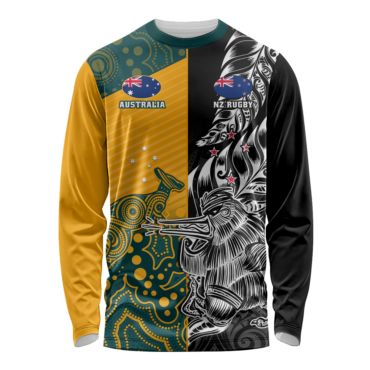 Custom New Zealand And Australia Rugby Long Sleeve Shirt Wallabies Kiwi Silver Fern 2023 World Cup - Wonder Print Shop