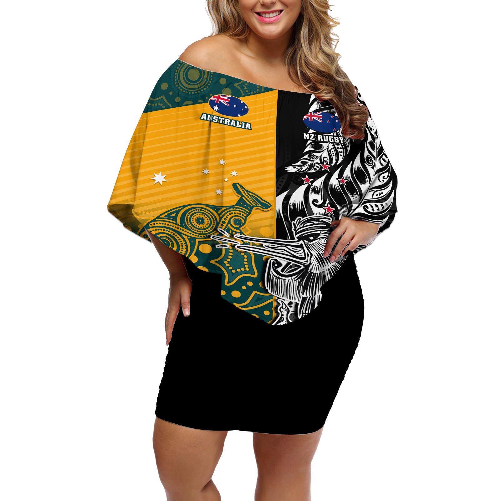 Custom New Zealand And Australia Rugby Off Shoulder Short Dress Wallabies Kiwi Silver Fern 2023 World Cup - Wonder Print Shop