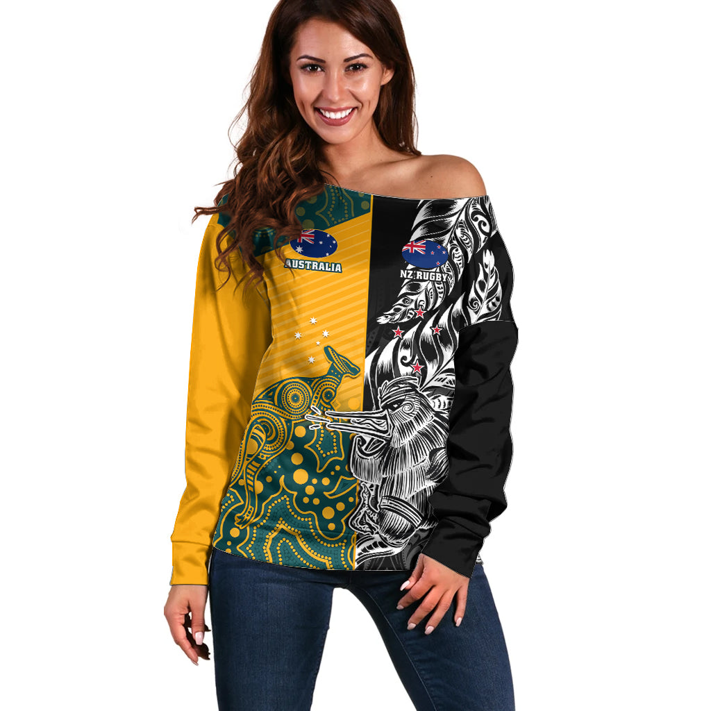 Custom New Zealand And Australia Rugby Off Shoulder Sweater Wallabies Kiwi Silver Fern 2023 World Cup - Wonder Print Shop