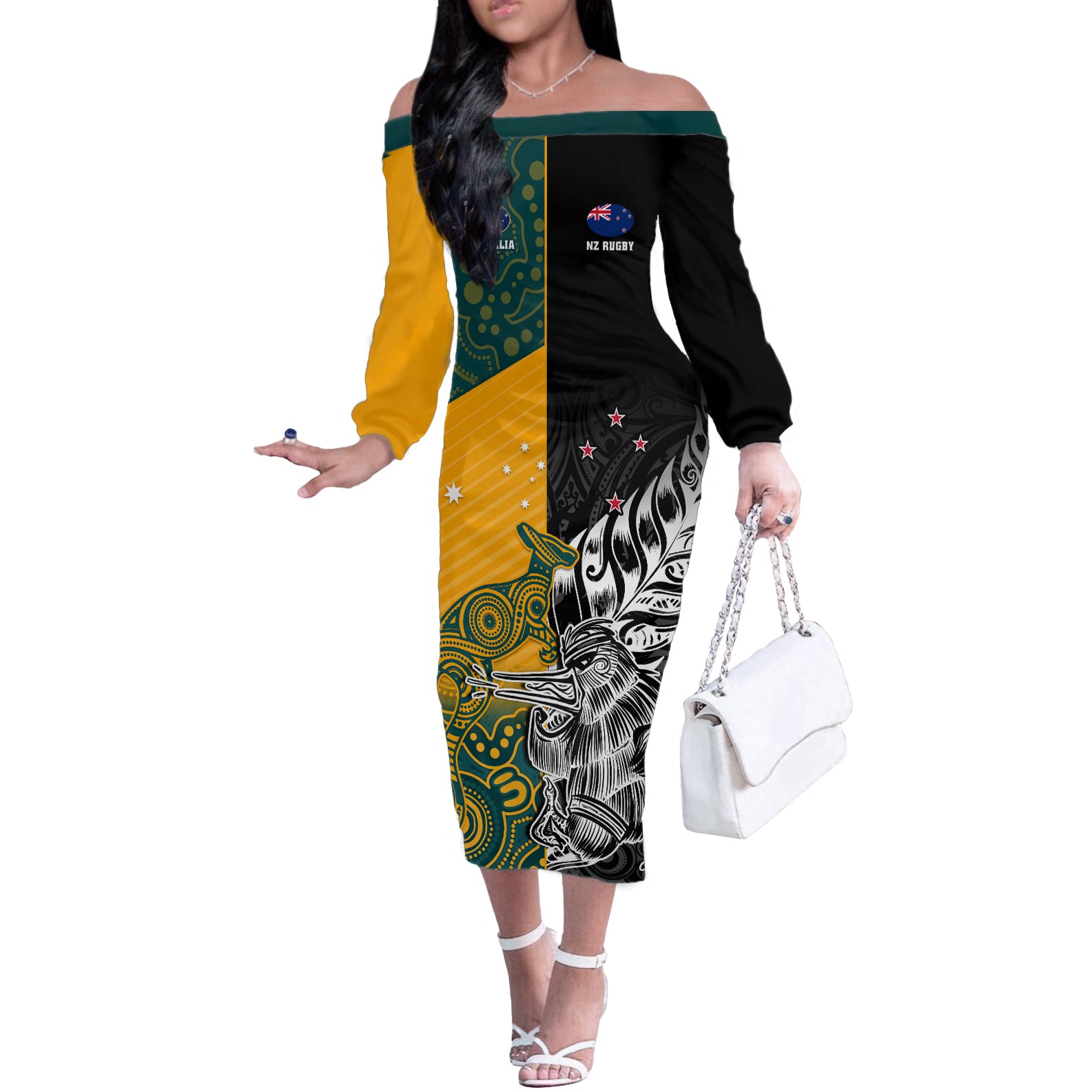 Custom New Zealand And Australia Rugby Off The Shoulder Long Sleeve Dress Wallabies Kiwi Silver Fern 2023 World Cup - Wonder Print Shop