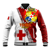 Rugby baseball jacket with red and white panels, ribbed collar, and bold front crest graphic