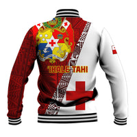 Rugby baseball jacket in red and white with ribbed collar, striped cuffs, and large back crest