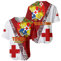 Red and white rugby jersey showing front and back, Tonga crest and flag cross
