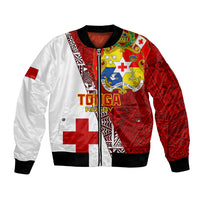 Red and white rugby bomber jacket with crest patch and cross graphic, ribbed cuffs